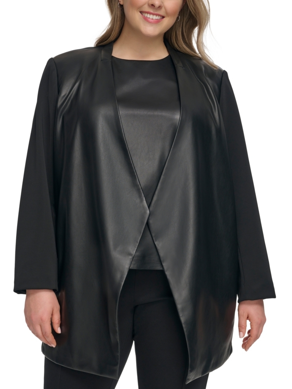 Calvin Klein Plus Size Faux Leather Mixed Media Open Front Jacket Size 14W